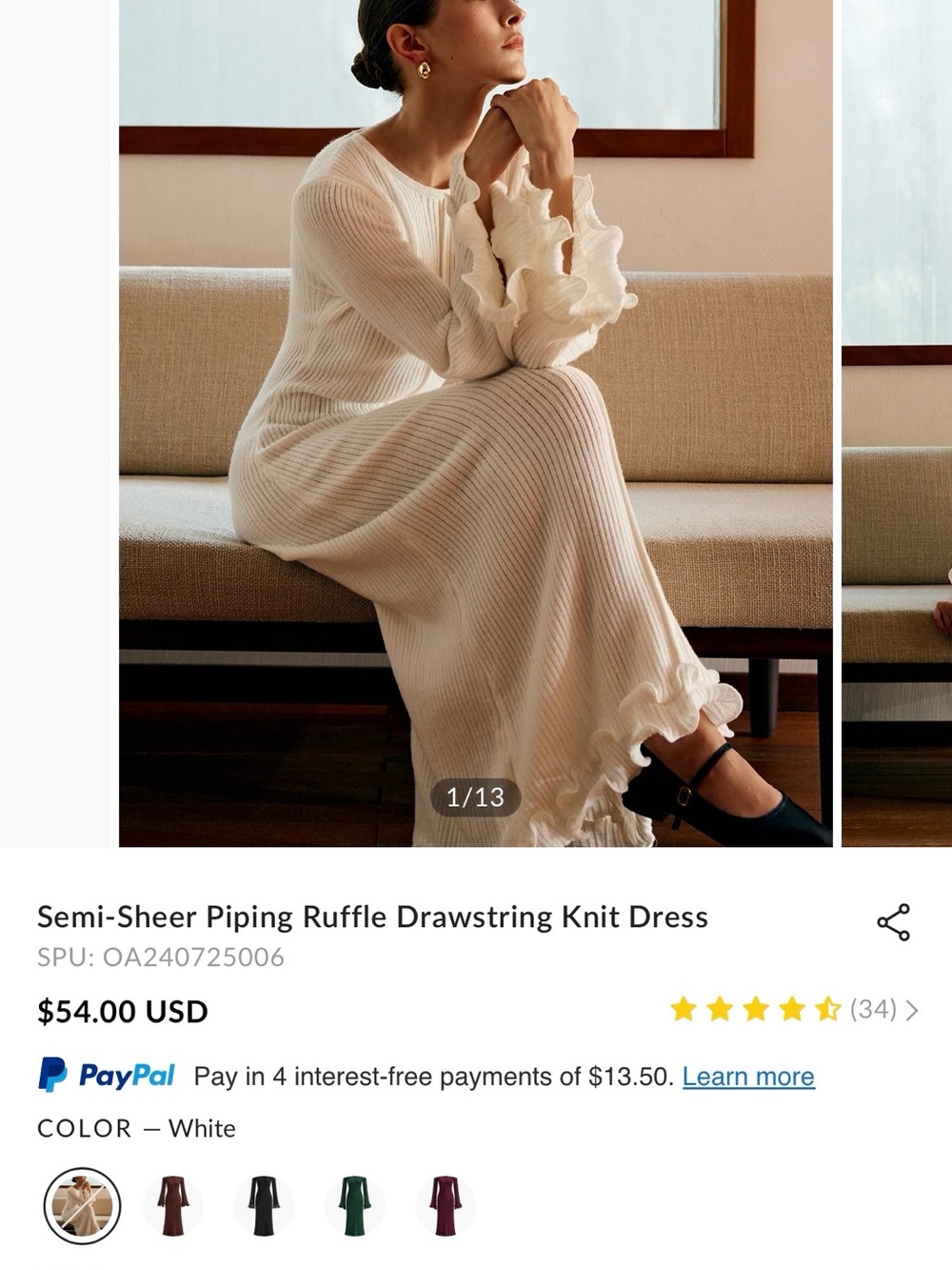 Commense Semi-Sheer Piping Ruffle Drawstring Knit Dress, S - Picture 4 of 7